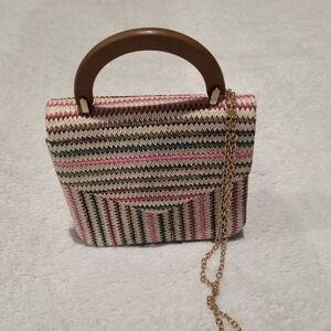 Chic Multicolor Striped Mini Bag with Wooden Handle